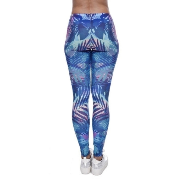 BLUE Multi Color Tropical Palm Print Full Length Leggings Size 0-10 NWT - Picture 2 of 3
